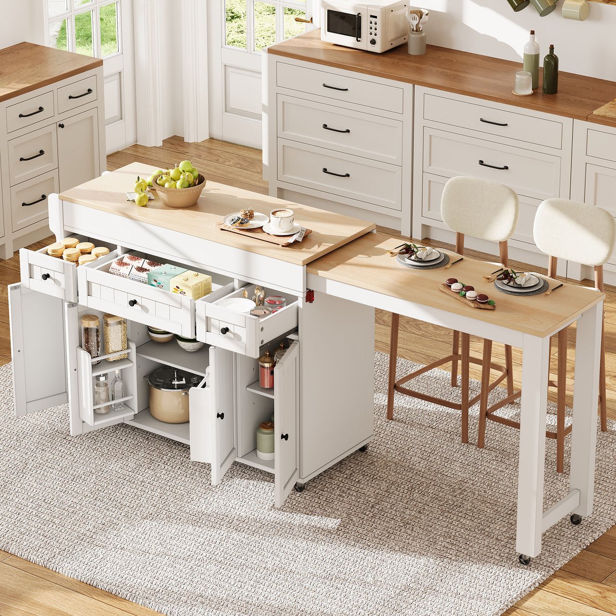 Mobiele Kücheninsel met Rollen - Efficiënt en Ruimtebesparend - White+Natural - 137-190.6 x 45.2 x 92 cm