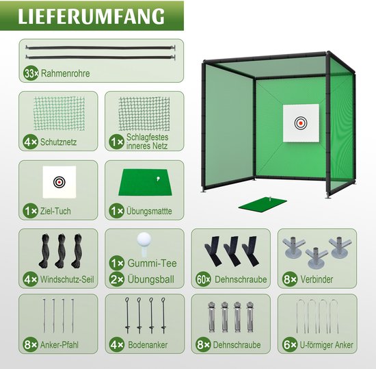 Golf Oefennet 300x300x300 cm - Grote Golf Trainingsnet Met Slagmat - Indoor Outdoor Golfnet Met Stalen Frame — afbeelding 4