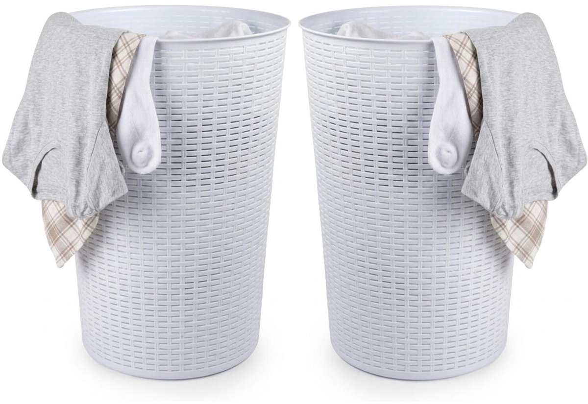 Plasticforte Ronde wasmand Rotan - 2x - wit - gevlochten kunststof - 51 liter - 38 x 57 cm - opbergmanden