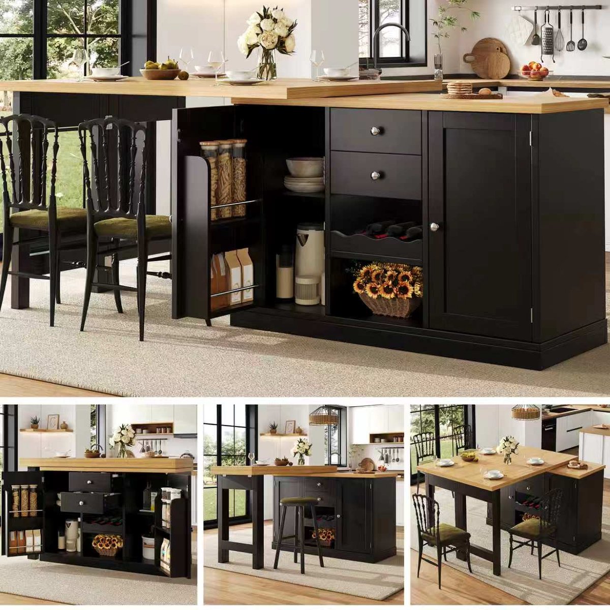 Keukeneiland 120-197 cm - Uitschuifbare Keukentafel Met 360° Draaifunctie - Zwart Keukenblok Met Wijnrek, Laden En Opbergruimte