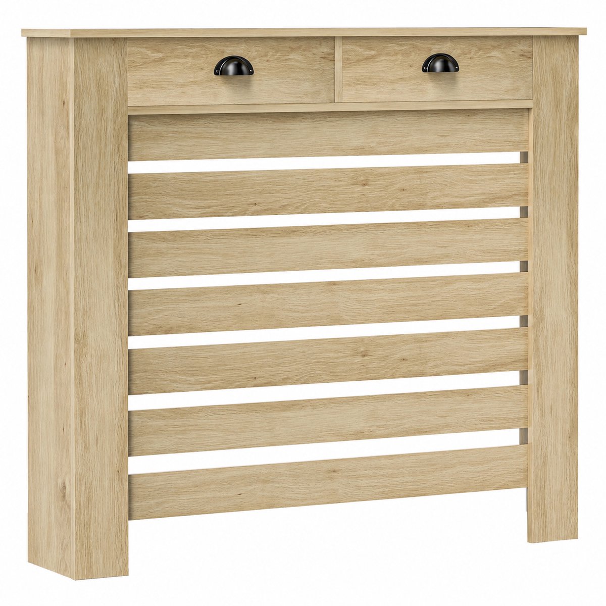 Sello! radiatorombouw met 2 lades – modern lattenontwerp – voor gefreesde uitsparingen – mdf - L111 × D19 × H95,5 cm - oak