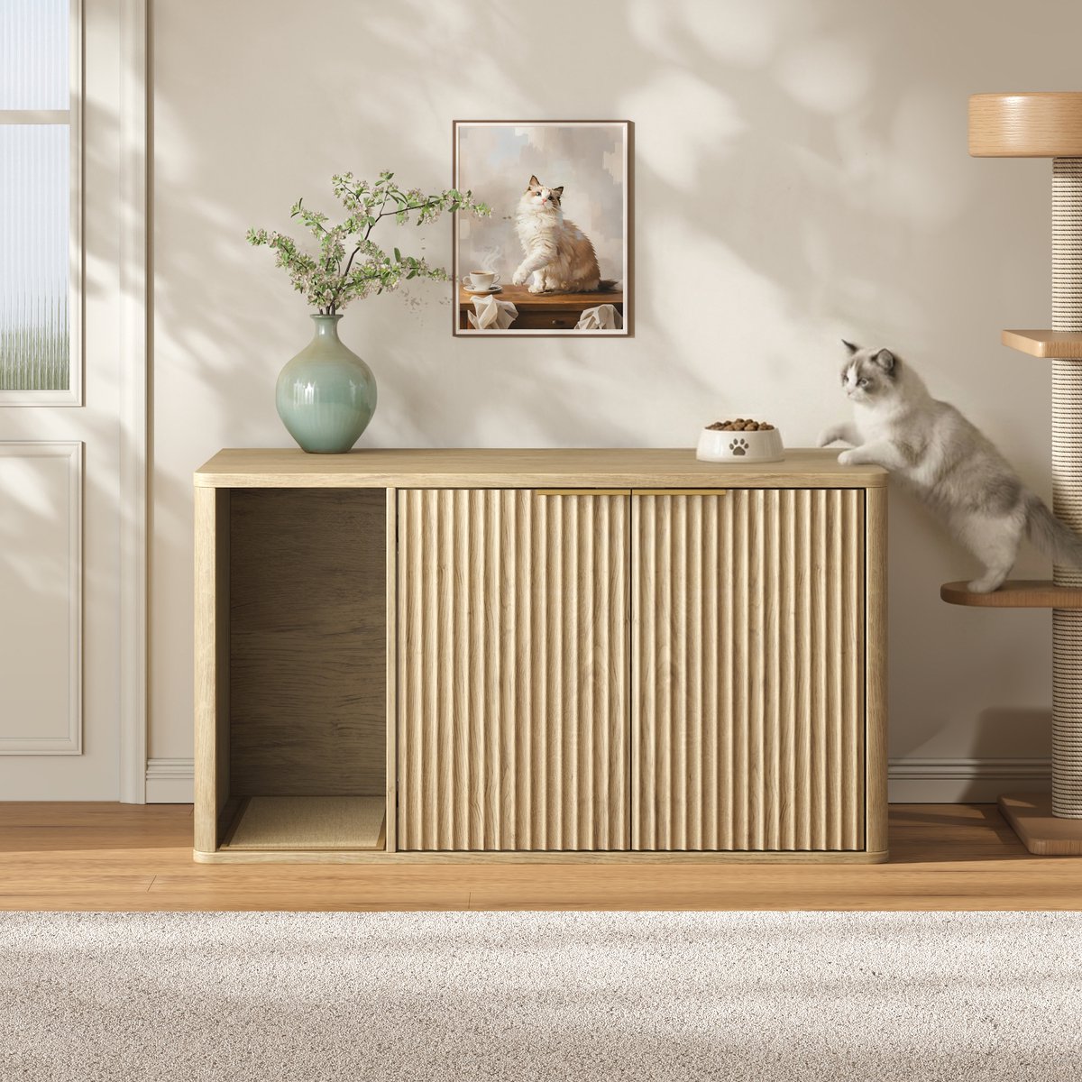 Kattenbak Meubel - Verborgen Kattenbak Kast Met Opbergruimte, Houtlook En Deur - 90 cm
