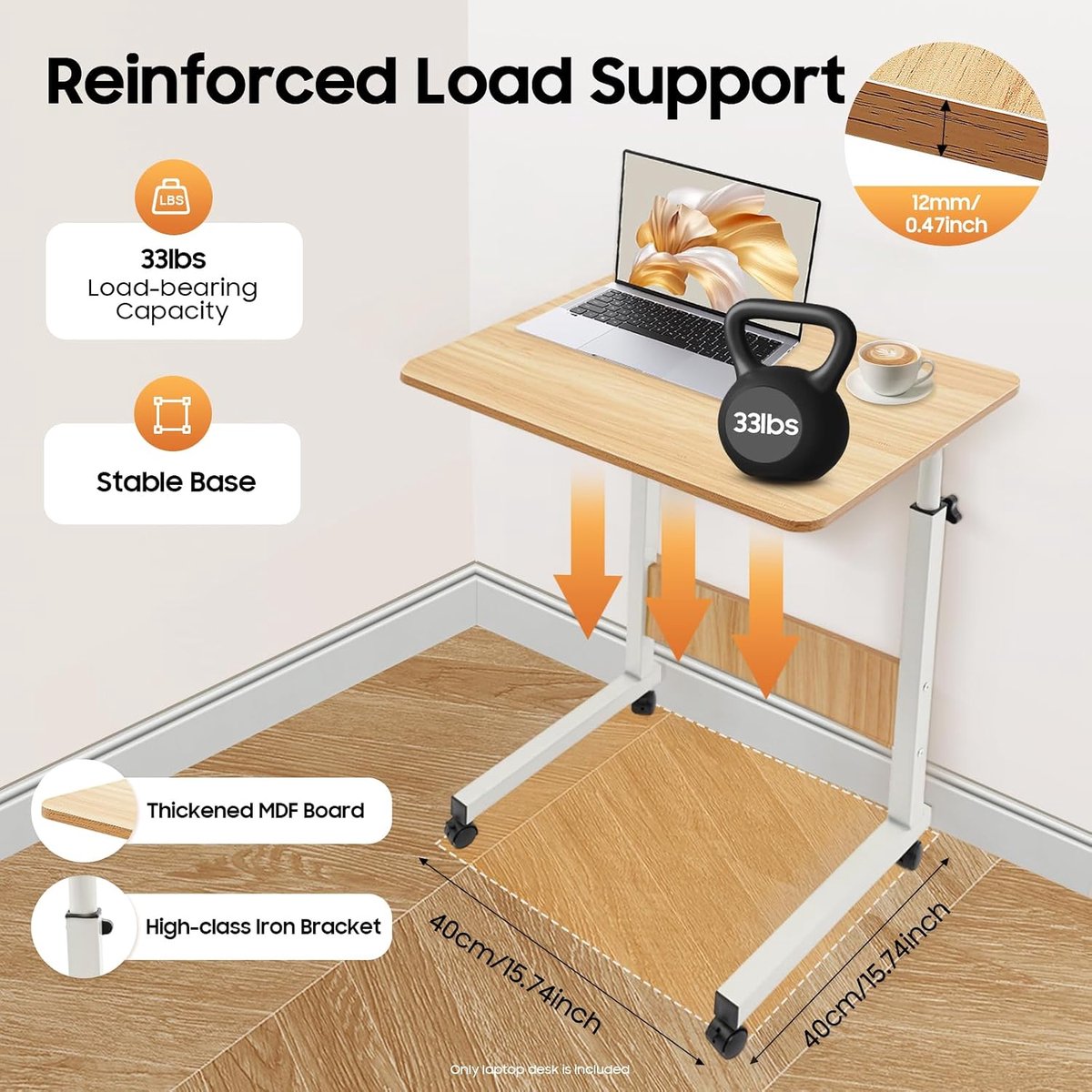 Verstelbaar Bureau - Laptoptafel - Thuiswerken - Met Wielen - 60x40 cm - Wit Hout thumbnail 3