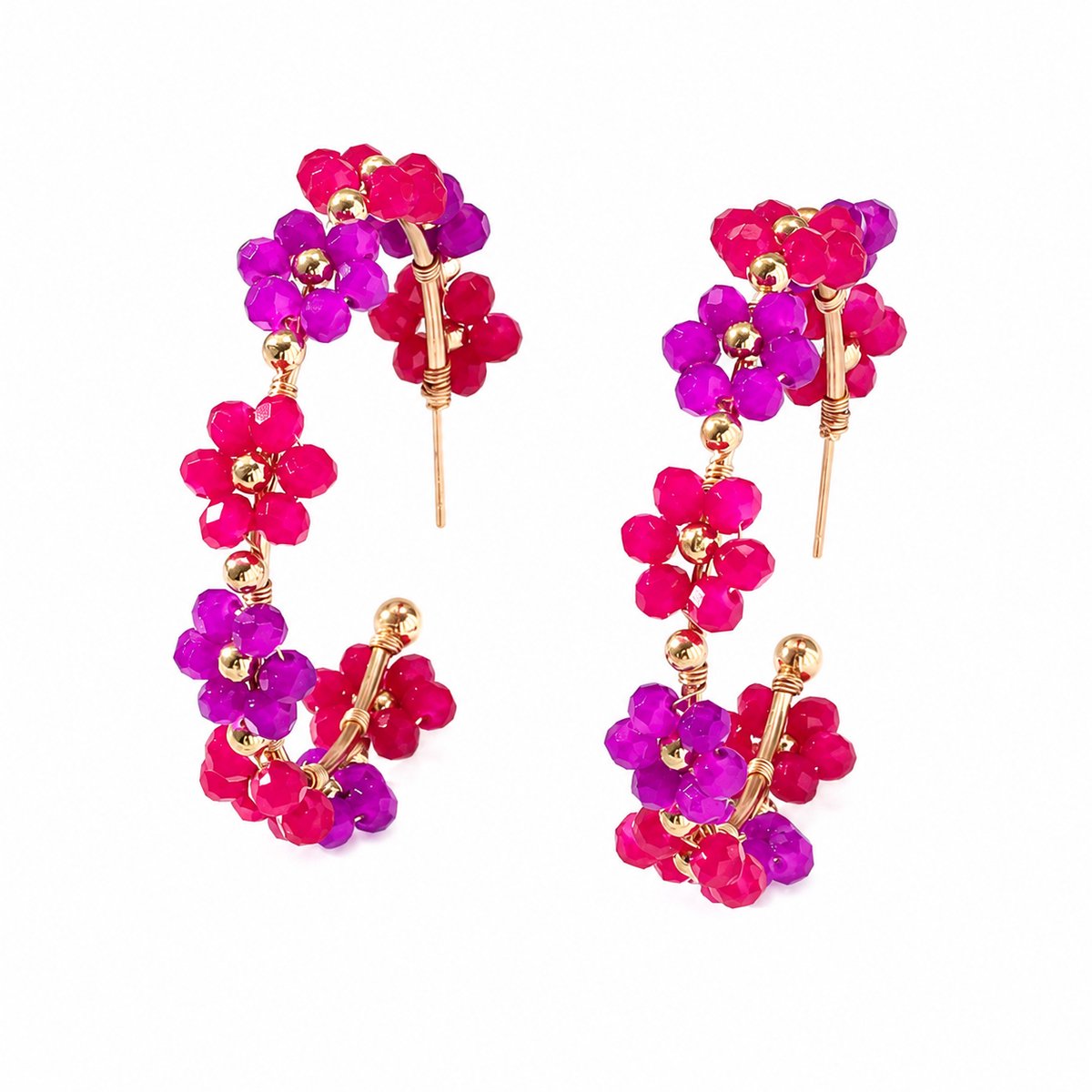 Luxamore® Boheemse Oorbellen Dames – Handgemaakte Statement Oorringen met Bloemen en Kralen – Roze/Paars/Goudkleurig