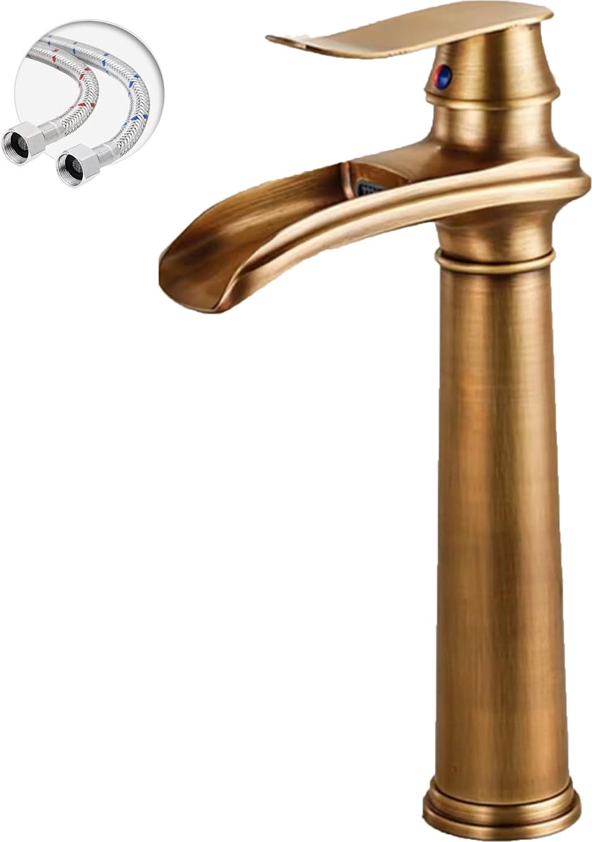 KZQ Waterkraan Badkamer Wastafelkraan Modern Badkamerkraan Wastafelmengkraan Waterval Badkamer Kraan Eengreepsmengkraan Warm En Koud Verstelbare Wastafelarmatuur - Hoog Model - Antiek Messing
