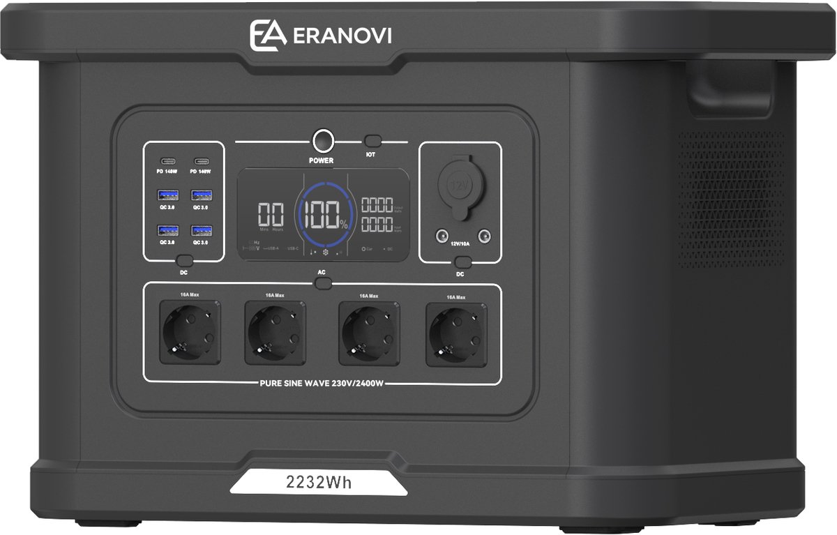 Eranovi Basic 2400 - Powerstation 2232 Wh / 2400 W - draagbaar noodstroom accu station - geschikt voor zonnepaneel (solar input) - AC, USB-C, USB-A en auto-uitgang - in 2 uur opgeladen - display, verlichting en app - 3 jaar garantie