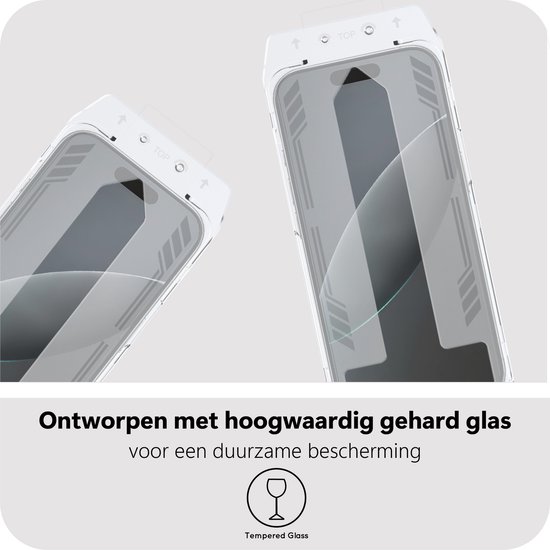 Twee iPhones met applicator en screenprotectors. "Ontworpen met hoogwaardig gehard glas."