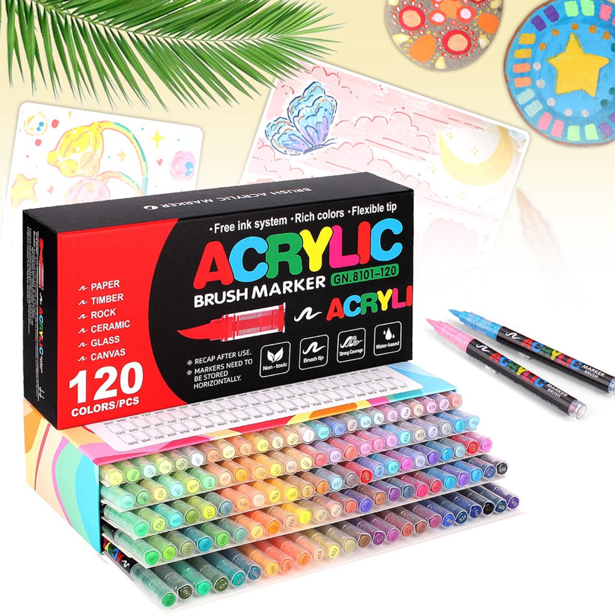 Acrylverf Penseelmarkers Set - 120 Kleuren Verfmarkers -Acrylverfmarkers - Acrylmarkers Voor Het Beschilderen Van Stenen