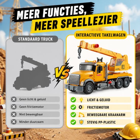 Gele interactieve speelgoed takelwagen met licht, geluid en beweegbare kraanarm, naast een grijze silhouette van een standaard truck.