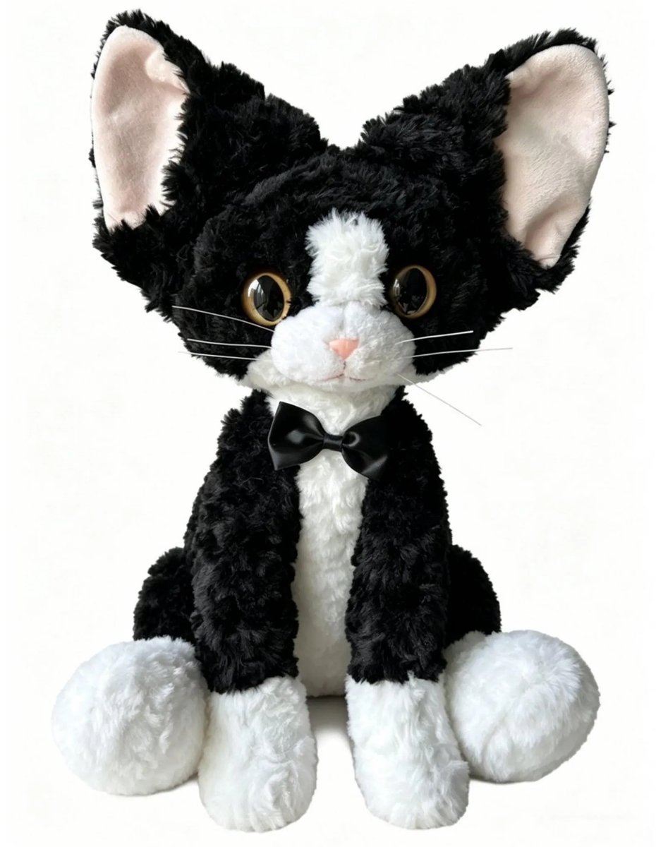 Casalora Pluche Knuffel – Duitse Krullende Kat Pop – 40cm – Schattige Duitse Krullende Kat Knuffel – Zacht Troostend Speelgoed – Cadeau voor Kinderen Ter Ontspanning en Verzachting van Emoties – Zwart Wit