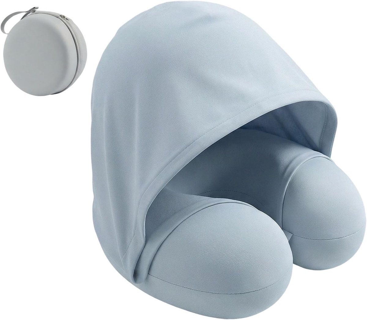 Ulisem - Reisnek kussen - Opvouwbaar reisnekkussen met capuchon - Winddicht en warm - 0.45 kg lichtgewicht - Ademend geheugenschuim - Incl handige opbergtas - Voor vliegtuig en auto - Geschikt voor volwassenen en kinderen - Lichtblauw