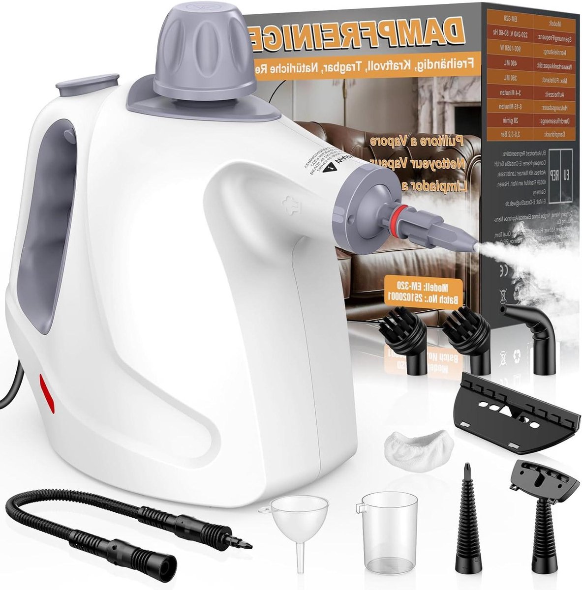 Draagbare Stoomreiniger - Handstoomapparaat - Hygiënisch Huis - 10 Delige Set - 450 ml Tank - Wit