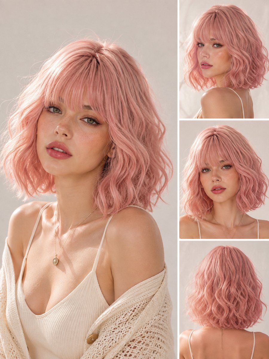 Pro Care Excellent Quality® Dames Pruik Rosé Roze – Korte Golvende Bob met Pony – Wasbaar - Hittebestendig tot 150°C – Lichtgewicht - 30 cm
