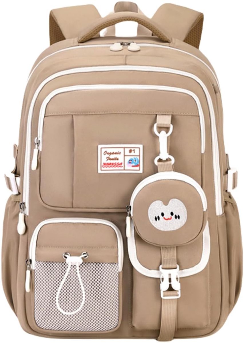 Khaki Grote schoolrugzak voor meisjes en jongens- casual schooltas voor de middelbare school en basisschool- dagrugzak voor kinderen voor buitenactiviteiten en reizen met portemonneetje.