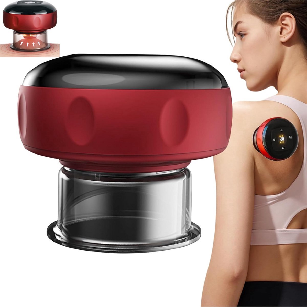 KZQ Elektrische Cupping Massageset Met 12 Instellingen En Temperaturen – Touch Control, Volledig Lichaam, Anti Cellulite En Spierpijn – Rood