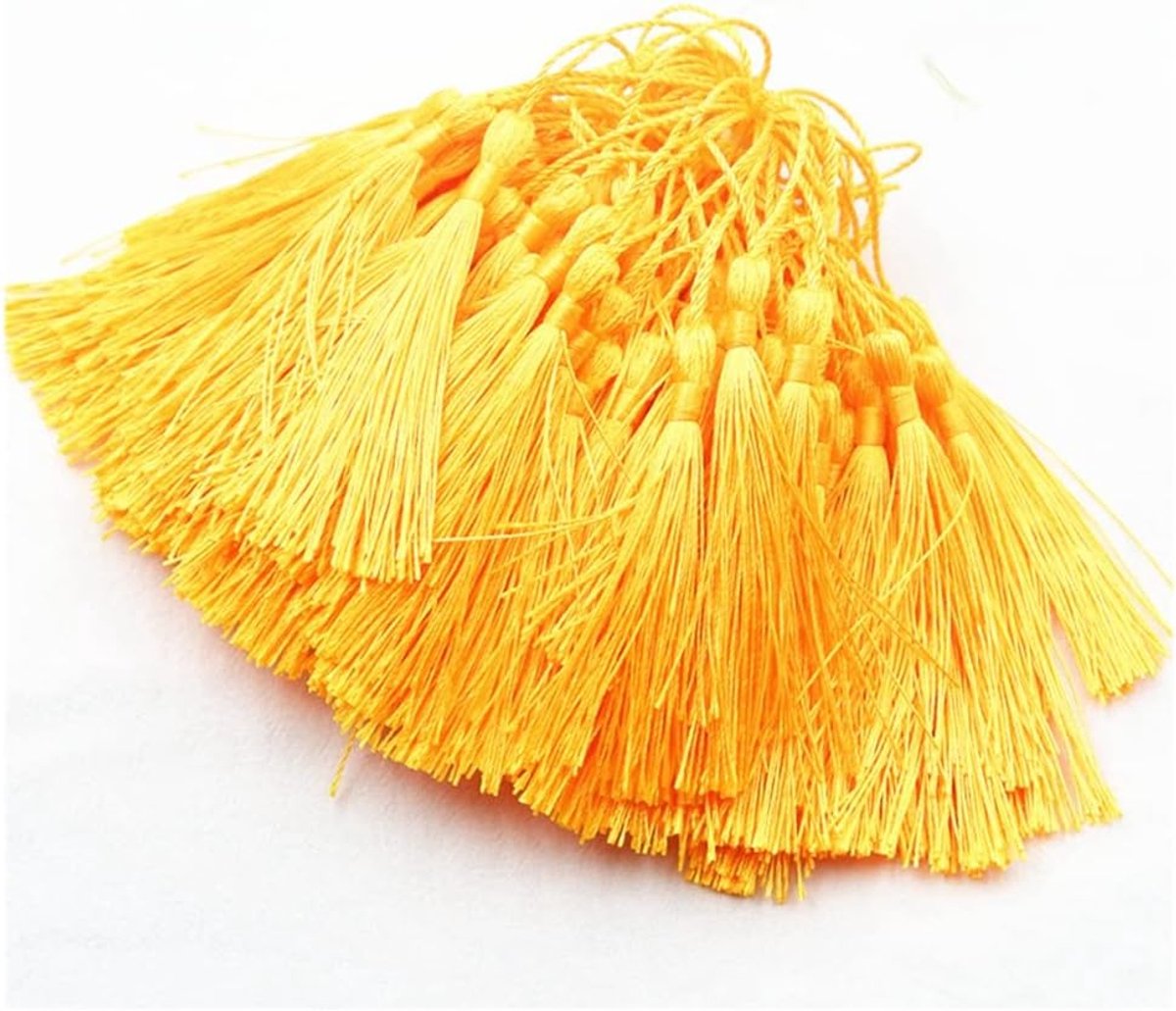 100 stuks zijden kwasten van 13 cm, handgemaakte rechte kwastjes, mini-kwastjes, bladwijzer, sleutelhanger, kwasthanger, knutselkwasten voor doe-het-zelf sieraden, souvenirs, bladwijzers, doe-het-zelf handwerk, goudkleurig