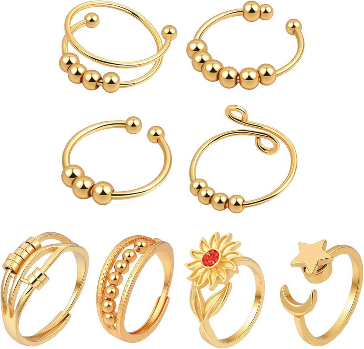 Ringen voor vrouwen en mannen, open bloemmaansterring, gouden ringen, verstelbare gouden ring met kralen voor vrouwen en mannen, set, duimsieraad, verjaardag, kerst