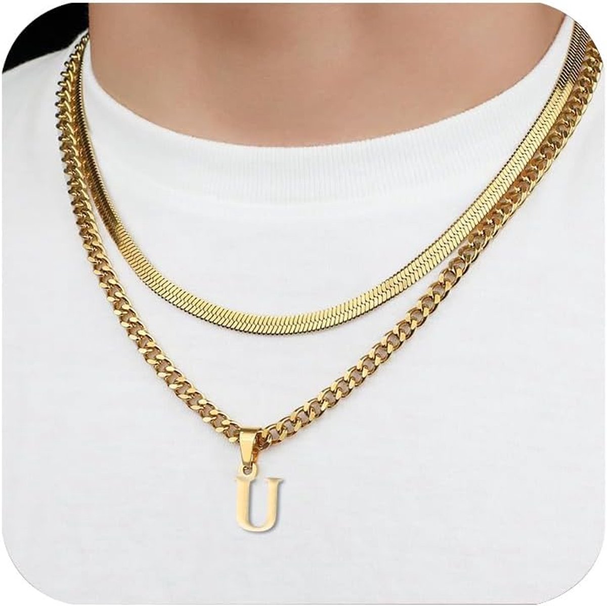 Halskettingen voor jongens, roestvrij stalen letterhalsketting, herenketting met letters A-Z, gelaagd initiaal, A-Z, ketting met letters, sieraden, cadeaus voor vriend en mannen