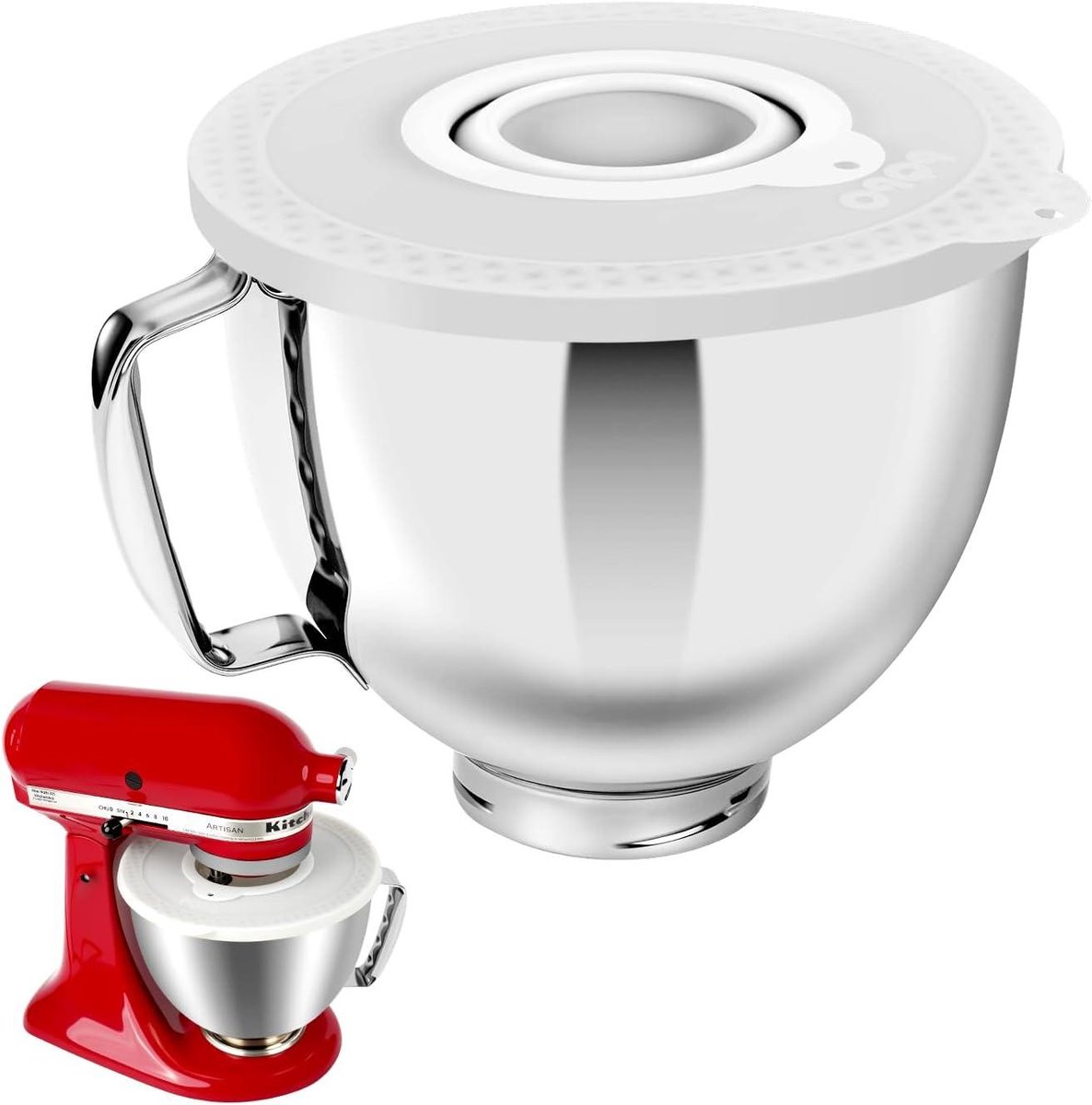 Mengkom Roestvrij Staal - Keukenmachine Kom - Bakken en Mixen - Met Deksel - 5 Liter - Zilver Met Wit Deksel