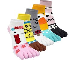 Sokken Katoenen sokken met vijf vingers Korte sokken Enkelsokken Leuke kleurrijke dierenfruitpatroon Sneakersokken Nieuwe sportsokken met tenen Enkele maat: 35-40/5 paar