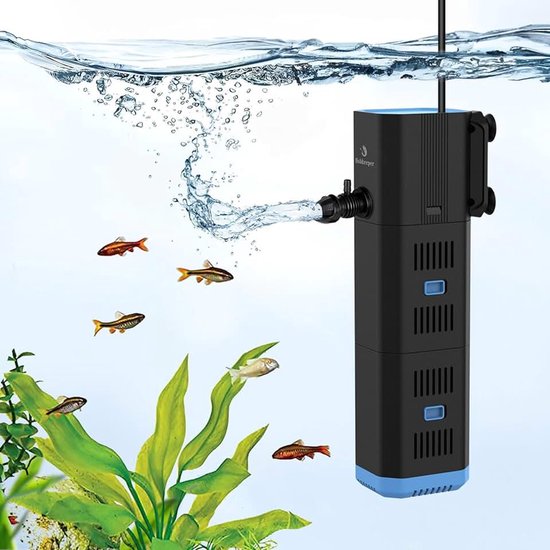 Fishkeeper Aquariumfilter, verstelbaar 500L/u binnenfilter voor aquaria van 30L-120L, 4-in-1 aquariumpomp met filter, zuurstof, wavemaker, filterspons (16W(1000L/u,≤300L))