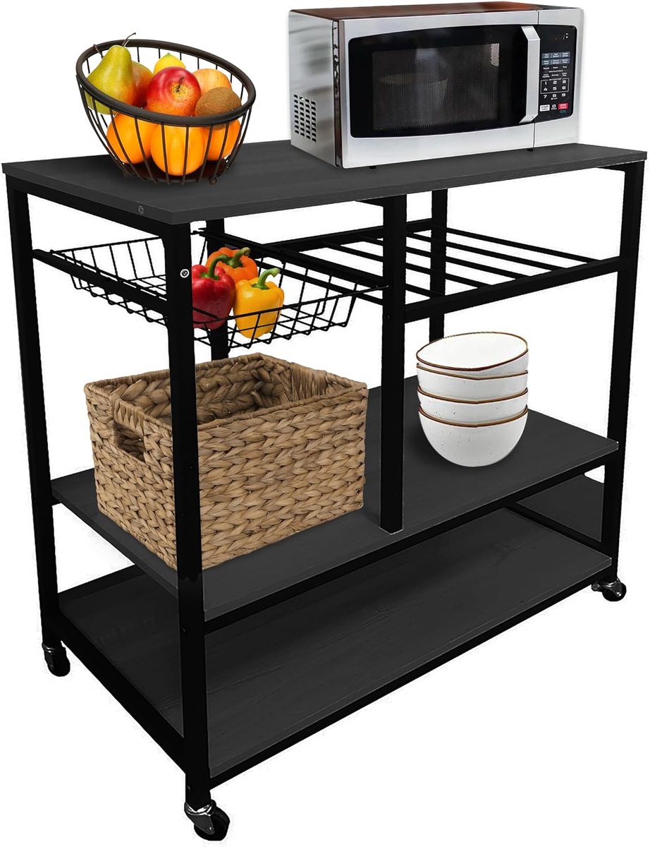 Mobiele keuken trolley 80x40cm - zwart met 3 planken - robuuste constructie - flexibele opslagoplossing - SnelShoppen