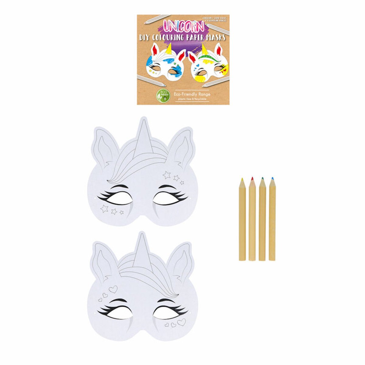 Kleur je eigen unicorn/ eenhoorn masker - eco friendly - inclusief 4 potloden