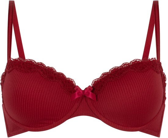 Soutien-gorge push-up rouge Hunkemöller avec motif côtelé, nœud et bordure en dentelle.