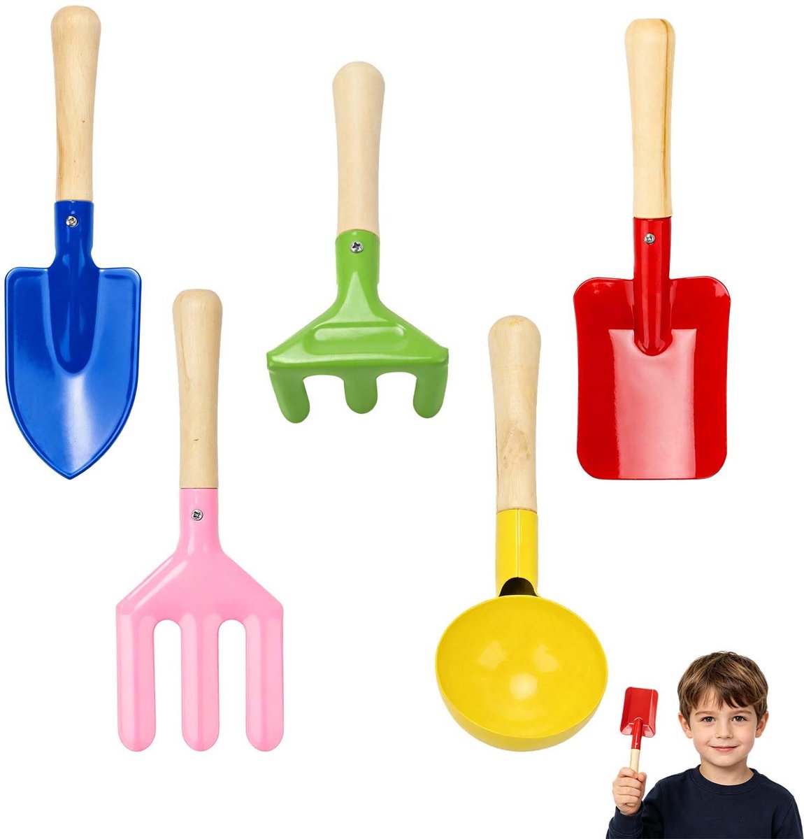Tuingereedschap voor kinderen, 5 stuks, klein handtuingereedschap met plantenschep, kinderstrandspeelgoed, metalen lepel, vork, polle, hark, voor tuin, aarde, potplanten, balkon, bloembed onderhoud en