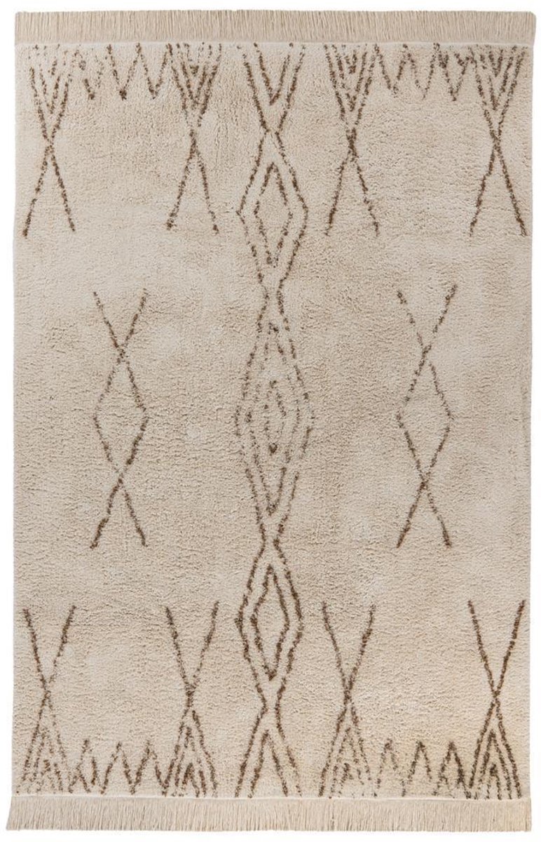 Padiro laagpolig vloerkleed 120 x 170 cm - creme / bruin - boho modern - etnisch patroon- met franjes - geschikt voor vloerverwarming - van katoen
