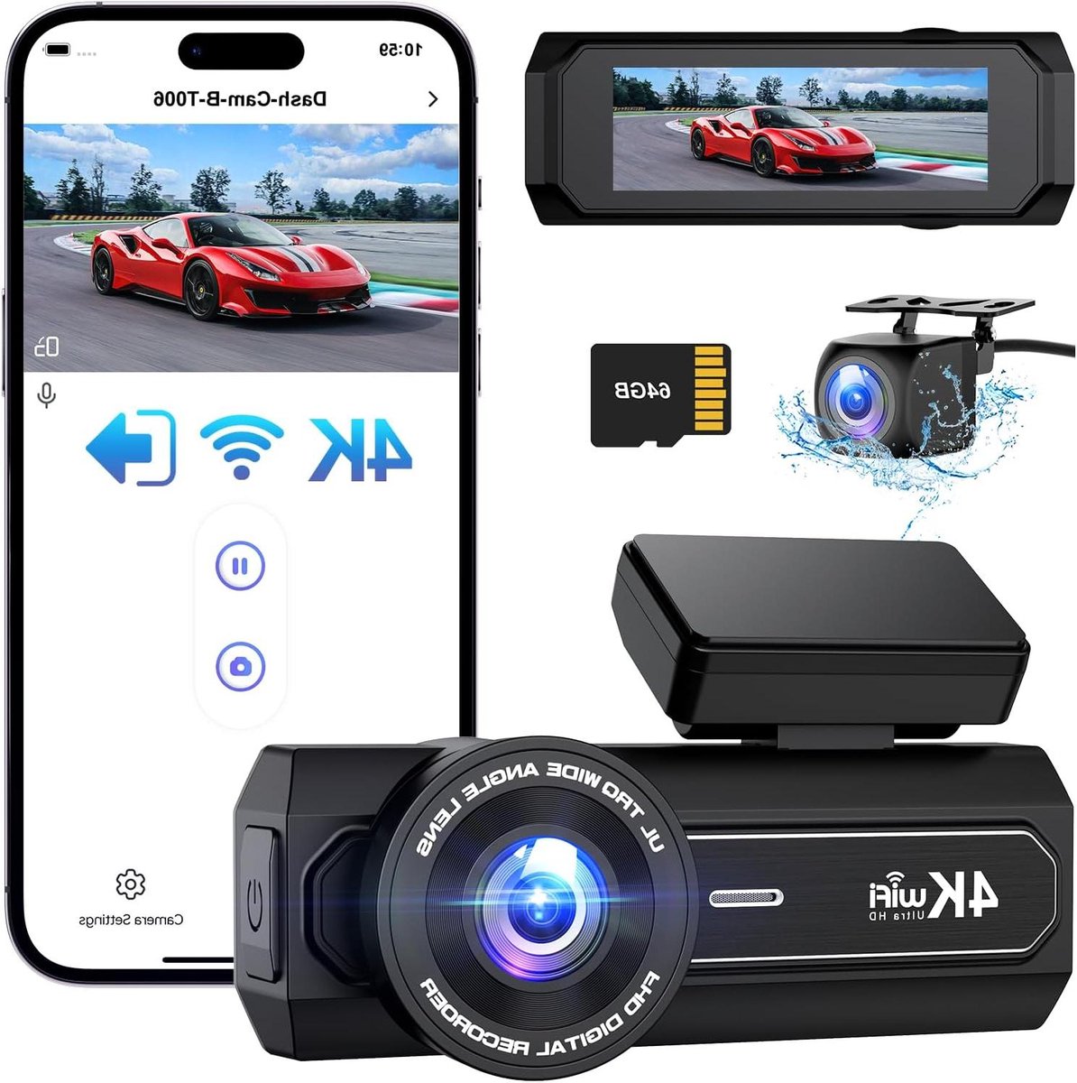 Dashboardcamera - Auto camera - Veiligheid onderweg - Dubbele lens - 4K resolutie - Zwart
