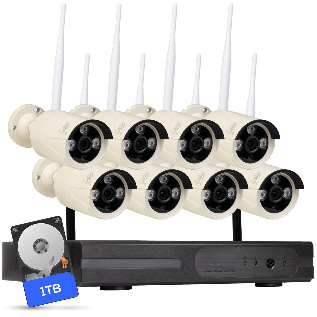 Teceye Bullet Beveiligingscamera Buiten met Recorder - Draadloze Buitencamera - 8 Camera - 1TB Opslag
