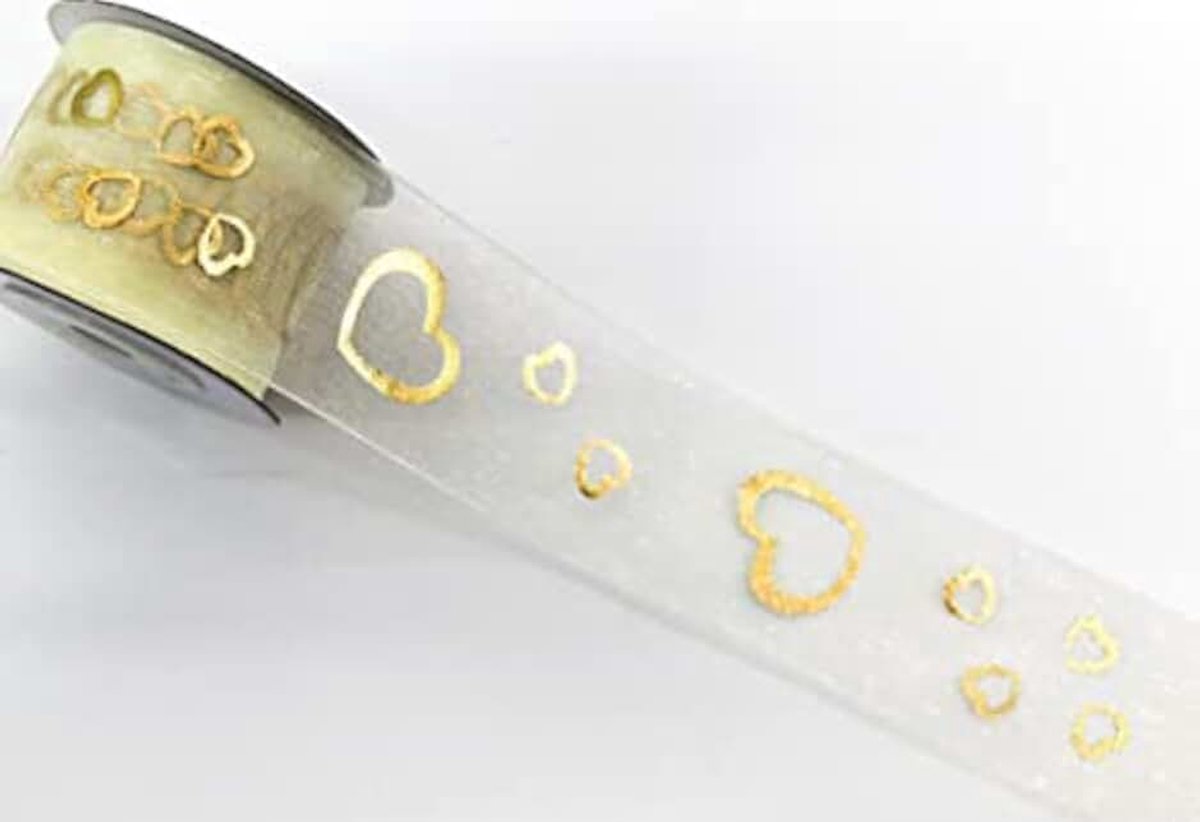 Lint 40 mm organza cadeaulint gouden hart hart bruiloft hart band trouwband hart crème (1x10m hart)