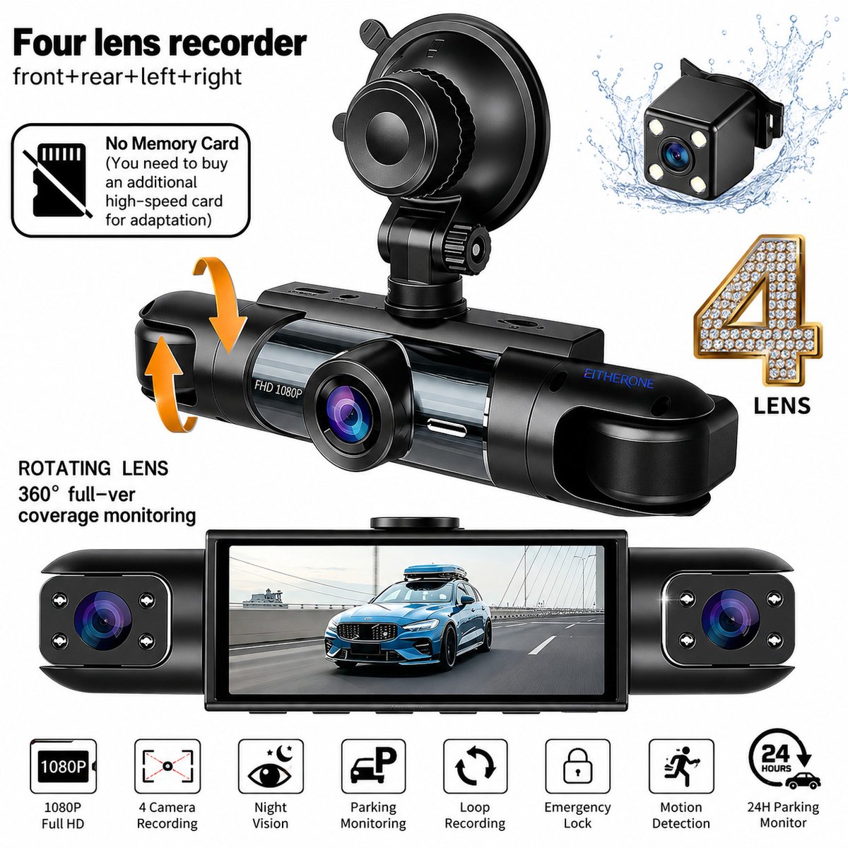 4-Camera Dashcam – 1080P Full HD Voorcamera & 720P Achter-, Linker- en Rechtercamera
