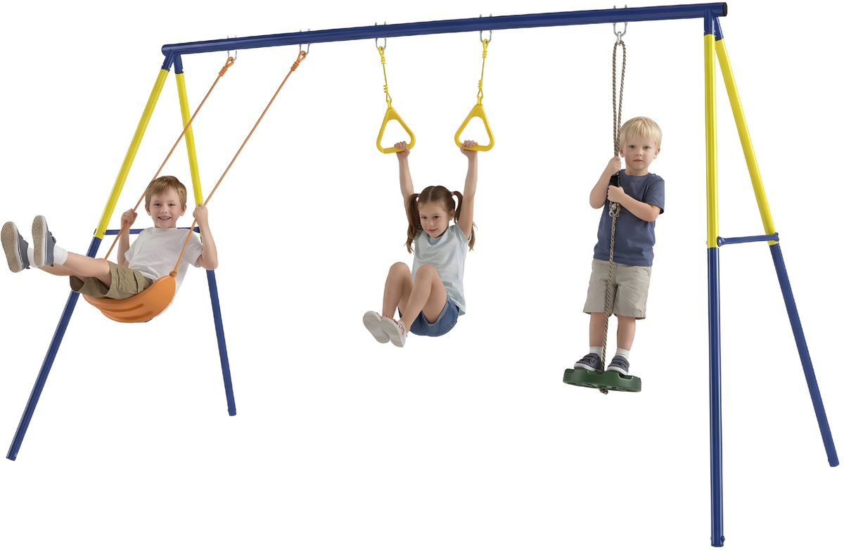 3-in-1 Schommelset – Schommelframe met Schommel en Gymringen – Buitenspeeltoestel tot 150 kg – Multicolor