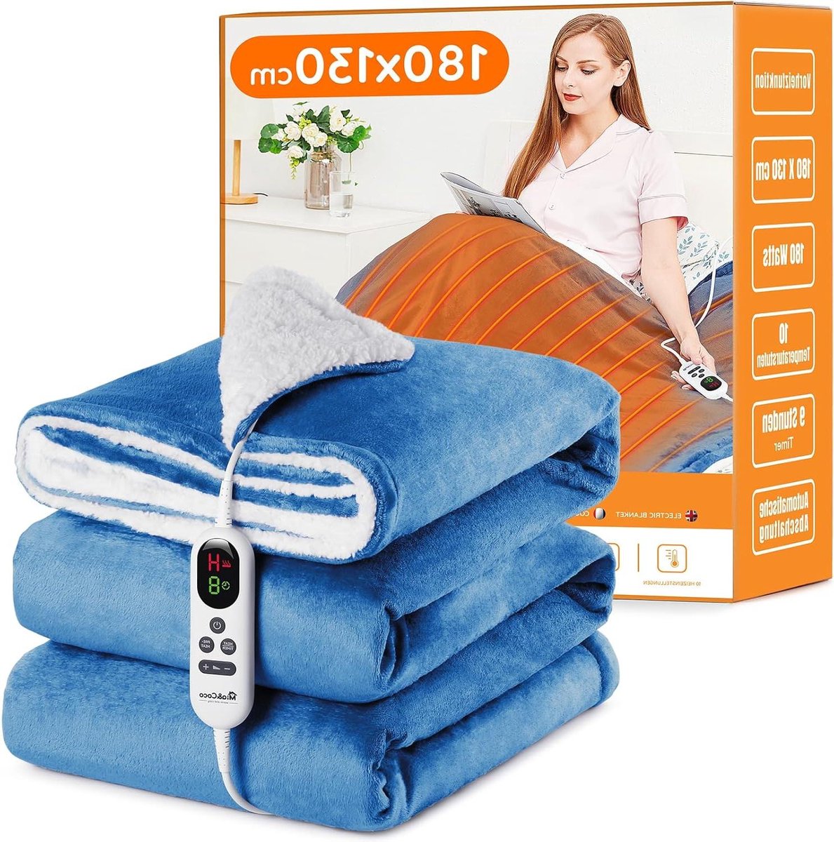 Elektrische deken - Verwarmde plaid - Warmte en comfort - 10 warmtestanden - 130 x 180 cm - Blauw