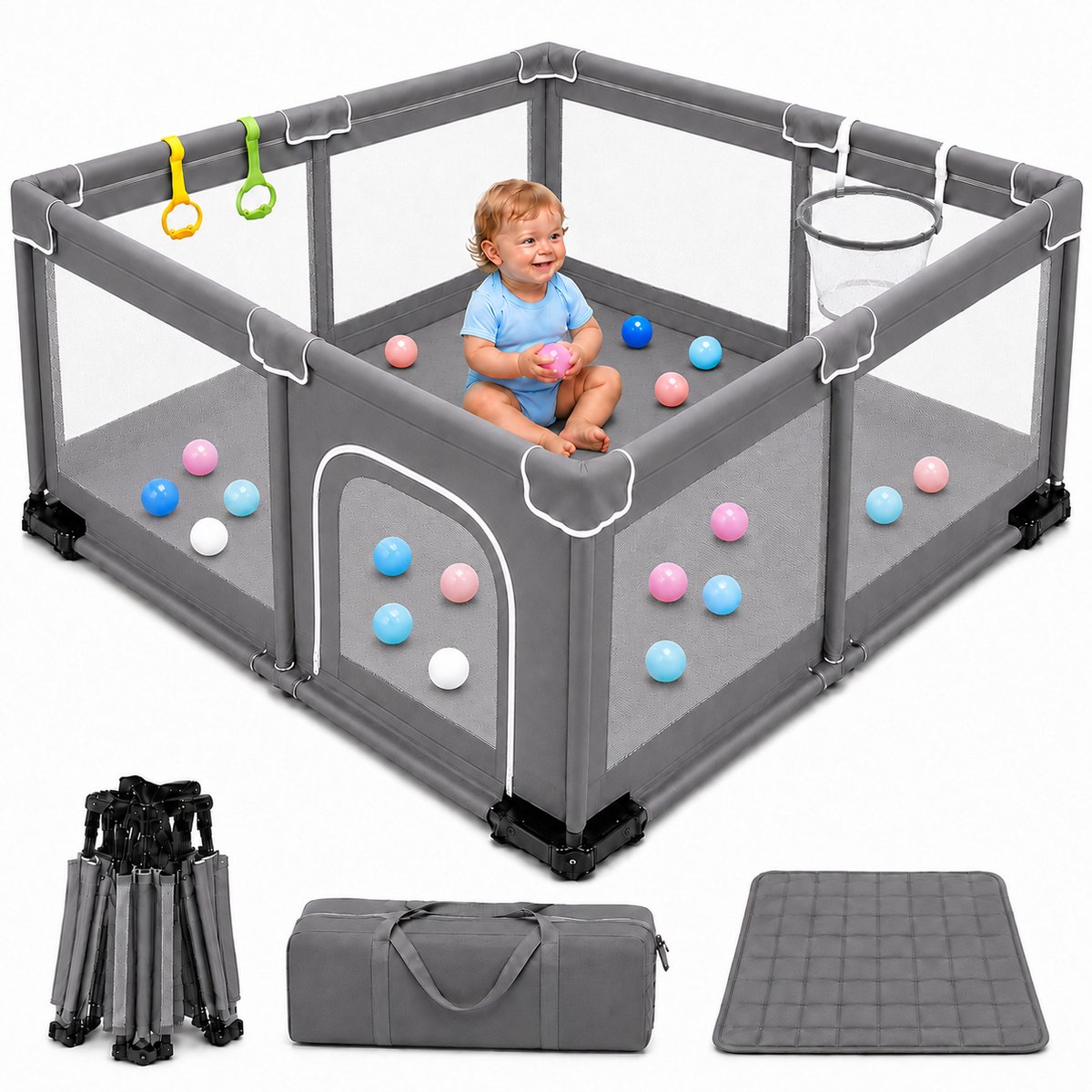 Nolita Grondbox Baby 130x130 cm – Opvouwbare Speelbox met Speelmat, Ballen en Draagtas