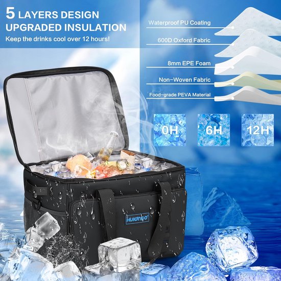 Grote opvouwbare koelbox voor picnics en reizen - Waterdichte thermotas, 30 liter, zwart van Merkloos — afbeelding 2
