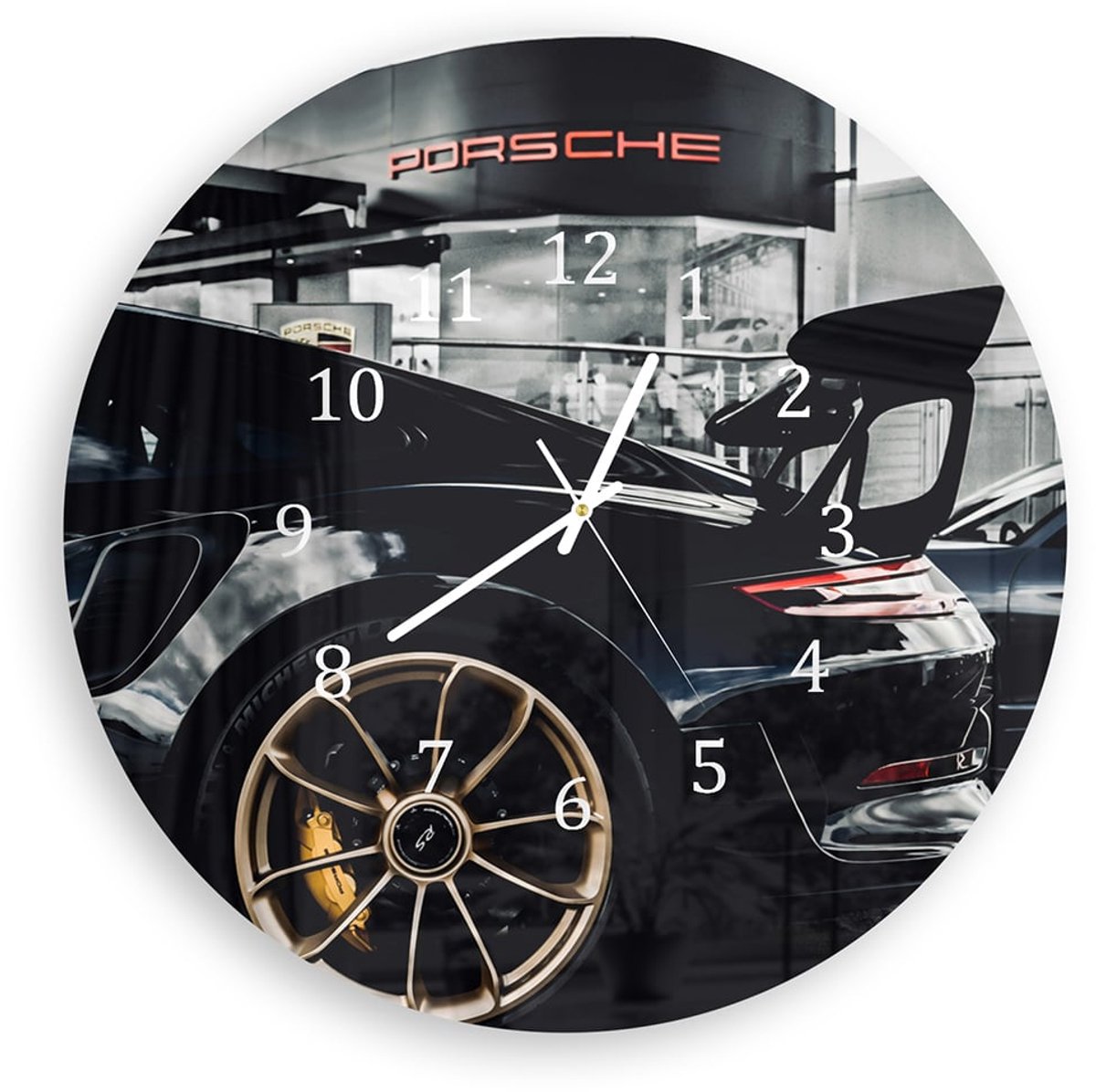 Mydesignglas Grote Glazen Wandklok XXL - Wandklok Rond 60cm - Gehard Glas - Porsche GT3 RS Wit - Stille Klok voor Woonkamer & Keuken - Modern Design