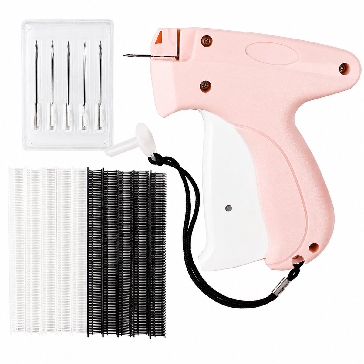 Kledingreparatiepistool — Handgereedschap voor kledingreparatie — Snelgereedschap voor kledingreparatie — Draagbaar mini-naaigereedschap — Kledinglabelpistool — Roze en wit (inclusief 5 naalden + 5 mm zwarte en witte naalden met 1000 draden per inch)