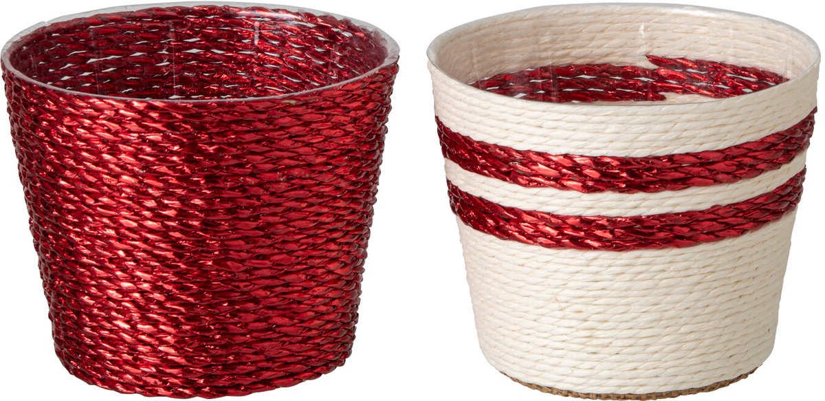 J-Line Gestreepte bloempot - papier - wit/rood - extra small - assortiment van 2