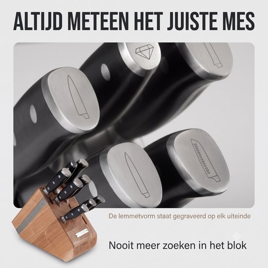Messenblok van eikenhout met zes messen. Het uiteinde van elk lemmet is gegraveerd met de vorm.