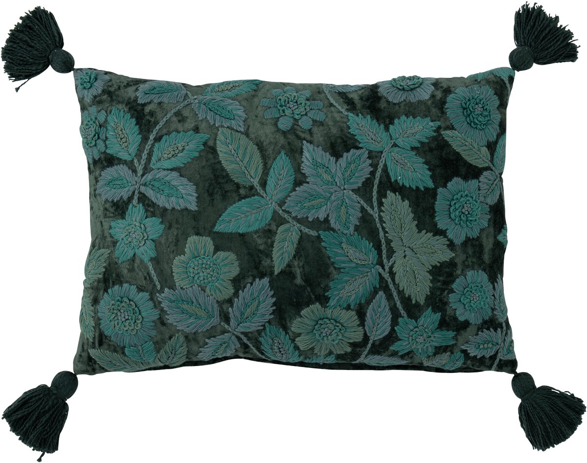 J-Line kussen Bladeren Rechthoek - viscose - donkergroen/turquosie