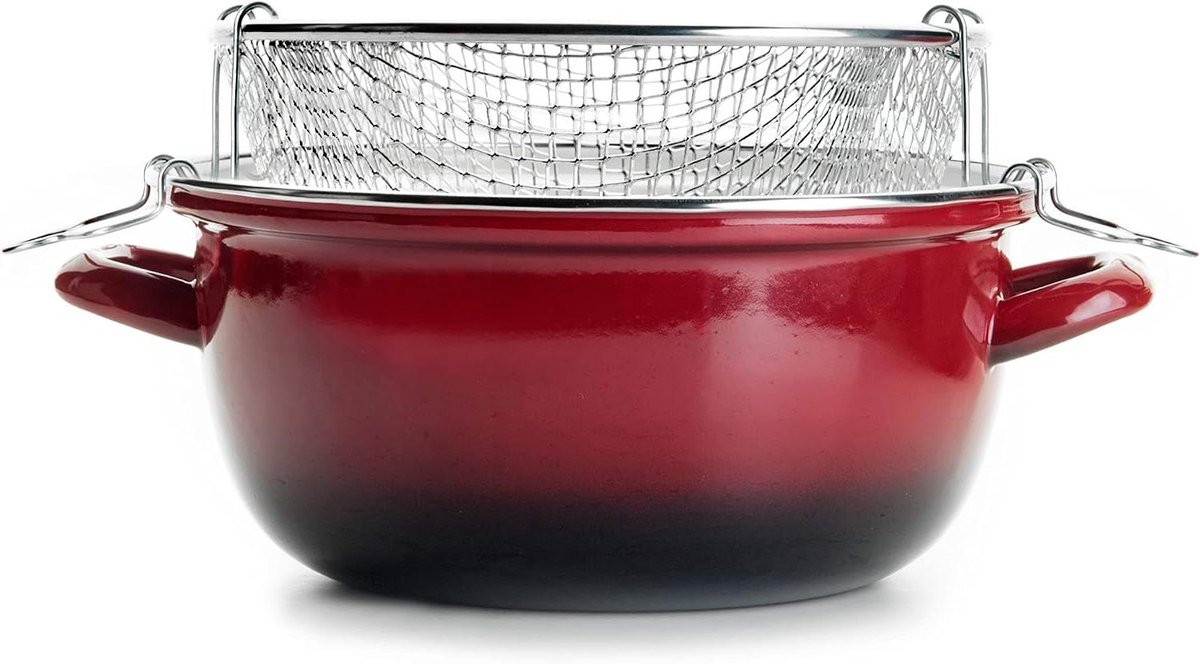 Frituurpan met mandje - Koekenpan emaille - Traditioneel koken - Geschikt voor inductie - 24 cm - Zwart
