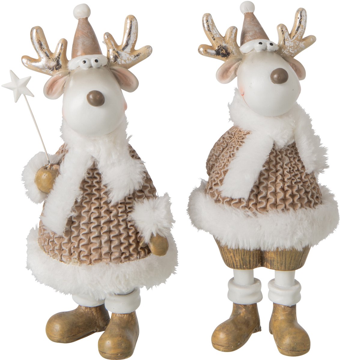 J-Line figuur Rendier Winterkleren - polyresin - wit/beige - medium - 2 stuks