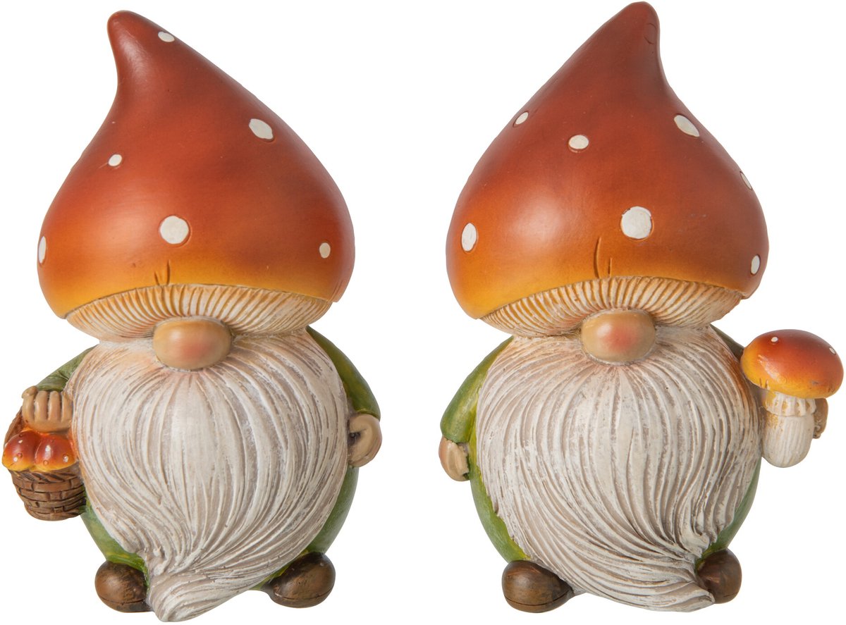 J-Line Kabouter met paddenstoel - polyresin - donkeroranje/groen - medium - assortiment van 2