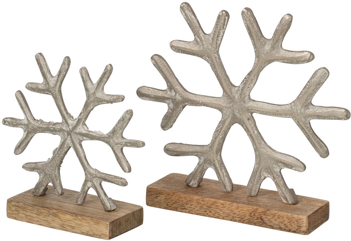 J-Line Sneeuwvlokken op voet - aluminium - gebroken wit/naturel - set van 2