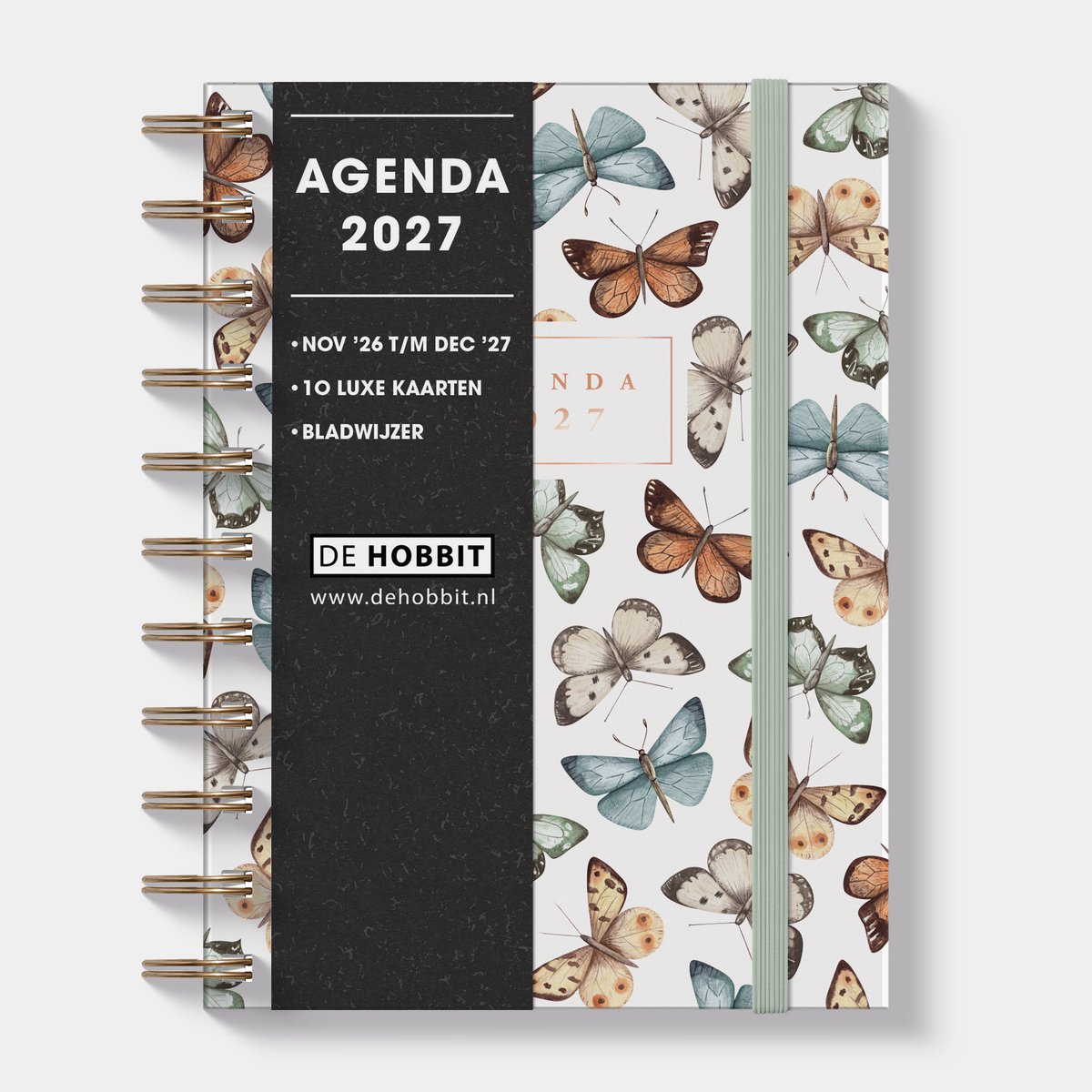 Hobbit - Ringband Agenda 2027 - Agenda A6 (14,8 x 11 cm) - Spiraal Agenda - 1 week op 2 pagina's - Harde Kaft - Vlinders