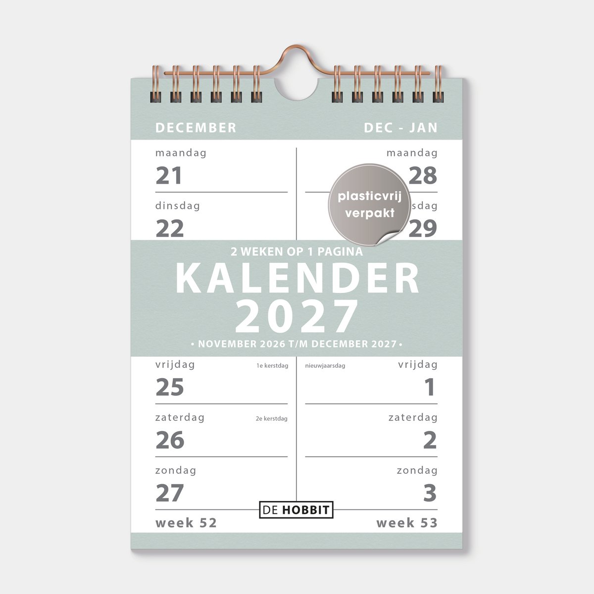Hobbit - Spiraalkalender 2027 - 2-Weeks kalender - A5 (21 x 14.85 cm) - Grijs/Groen