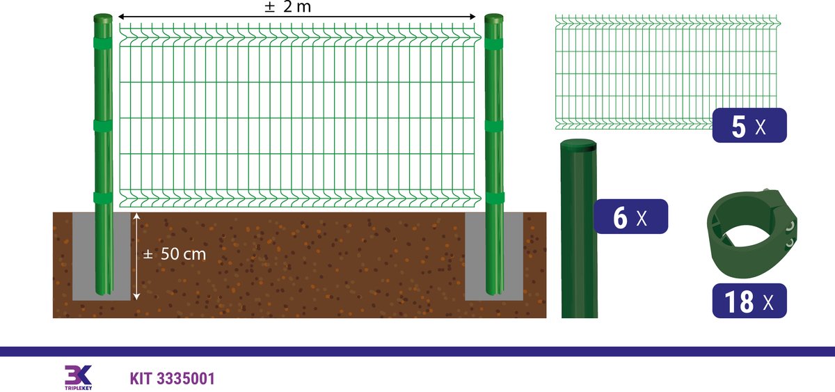 KIT 1 draadpaneel + palen en klemmen, lengte 10m, hoogte 103cm, kleur groen RAL 6005
